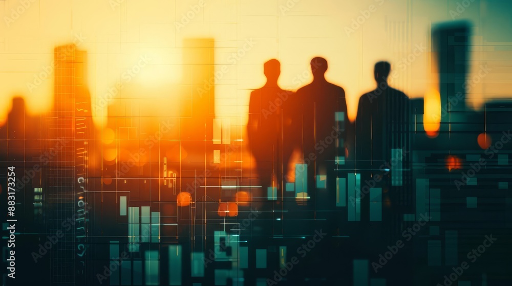 Fototapeta premium Silhouetted businessmen standing over a futuristic city skyline at sunset, representing modern business and technology concepts.