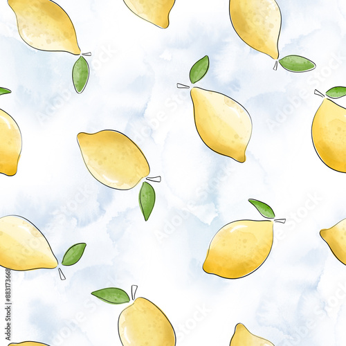 Seamless lemon pattern on watercolor background