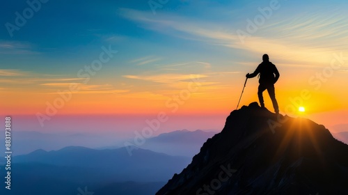 Silhouetted hiker standing on a mountaintop at sunrise, overlooking distant mountain ranges beneath a colorful sky.