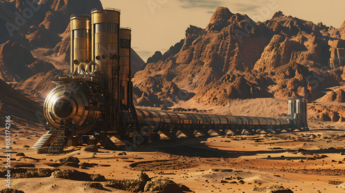 Fototapeta Naklejka Na Ścianę i Meble -  A space city or station with an expedition on the surface of Mars or  unknown planet. AI Generated