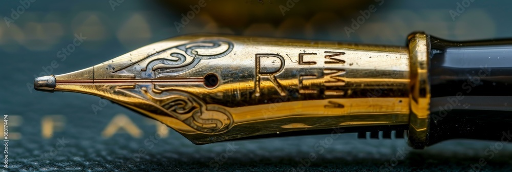 Naklejka premium Gold Fountain Pen Resting on Reflective Surface