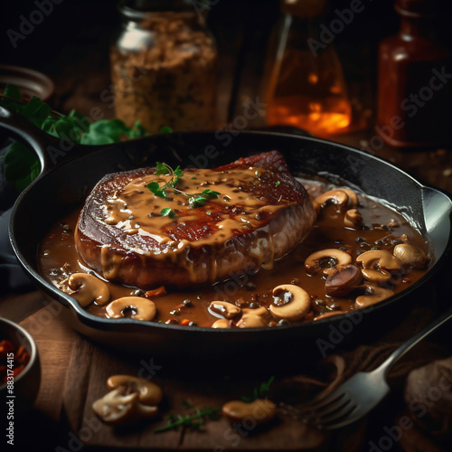 Savory and premium Steak Diane, cinematic food photography  photo