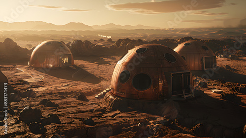 Fototapeta Naklejka Na Ścianę i Meble -  A space city or station with an expedition on the surface of Mars or  unknown planet. AI Generated