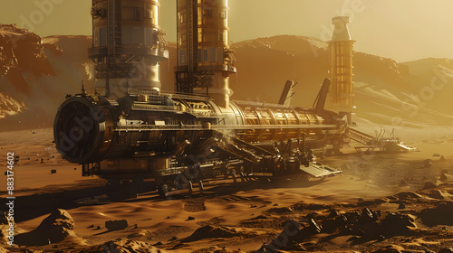 Fototapeta Naklejka Na Ścianę i Meble -  A space city or station with an expedition on the surface of Mars or  unknown planet. AI Generated