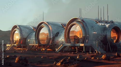 Fototapeta Naklejka Na Ścianę i Meble -  A space city or station with an expedition on the surface of Mars or  unknown planet. AI Generated