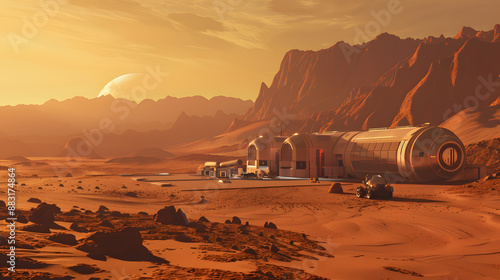 Fototapeta Naklejka Na Ścianę i Meble -  A space city or station with an expedition on the surface of Mars or  unknown planet. AI Generated