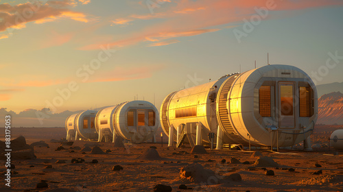 Fototapeta Naklejka Na Ścianę i Meble -  A space city or station with an expedition on the surface of Mars or  unknown planet. AI Generated