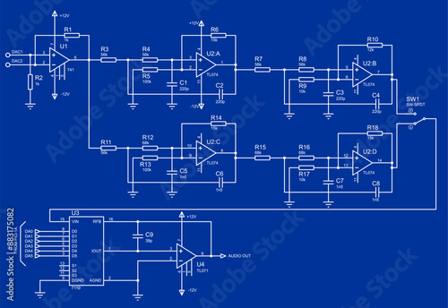 Schematic diagram of electronic device.
Vector drawing electrical circuit with operational amplifier, 
resistor, capacitor, switch
and other electronic components.