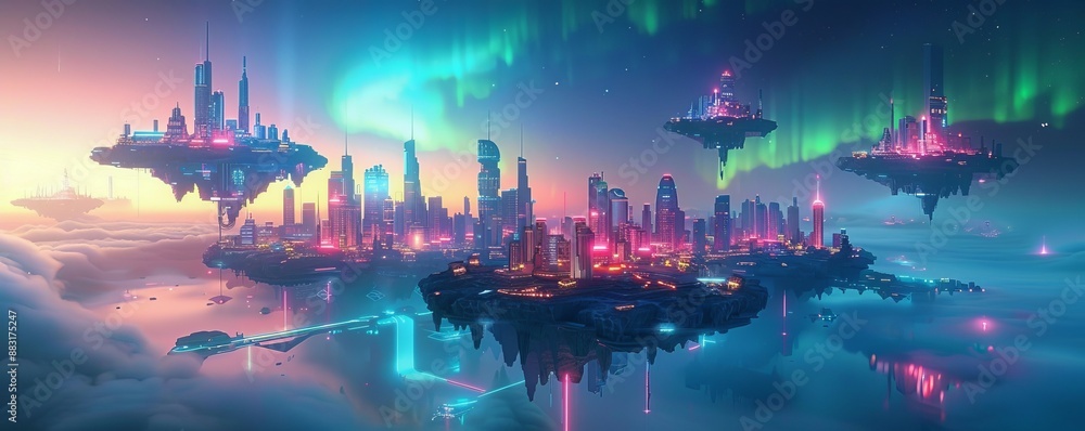 Fototapeta premium Surreal cityscape with floating islands, vibrant neon lights, and futuristic architecture, set against a twilight sky with auroras Style Cyberpunk Colors Electric blue,