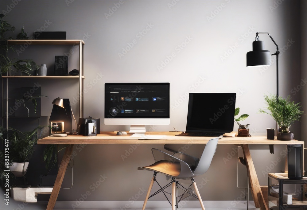 screen olated computer desk wall mock up illustrating frame modern desktop 3d workspace screen olated computer desk wall mock up illustrating frame modern desktop 3d workspace