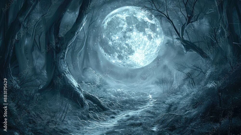 Mystical Forest Path Under Giant Moon. Mystical Forest Path Under Giant Moon.