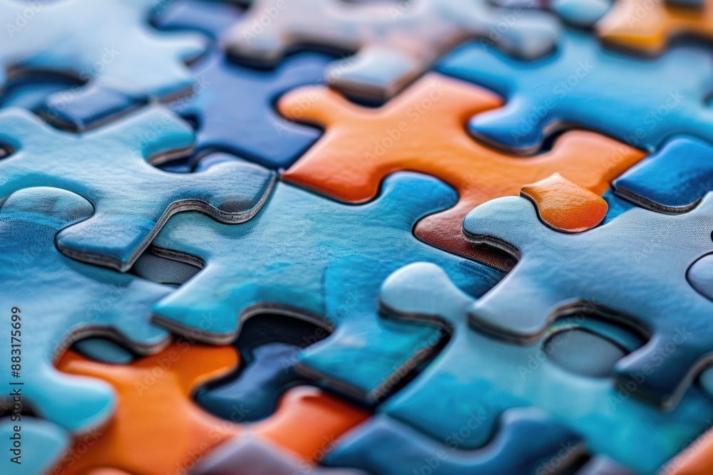 Interlocking blue and orange jigsaw puzzle pieces create a close-up abstract image Interlocking blue and orange jigsaw puzzle pieces create a close-up abstract image