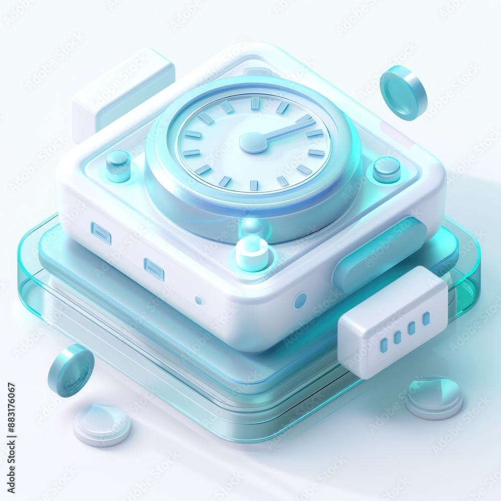 3D Render of a White Clock on a Stack of Glass Platforms 3D Render of a White Clock on a Stack of Glass Platforms