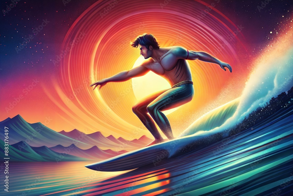 Naklejka premium A young male surfer on a surfboard rides up to the shore on a huge steep wave.