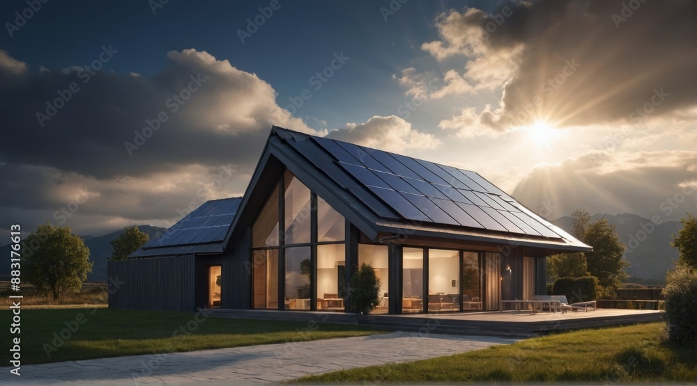 Rendering of a house with a roof covered with solar panels and sunlight penetrating through the clouds Rendering of a house with a roof covered with solar panels and sunlight penetrating through the clouds