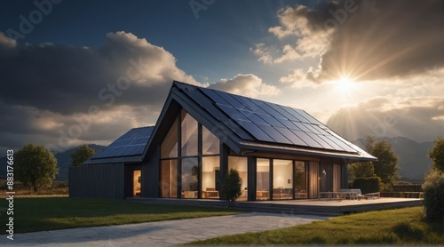 Wallpaper Mural Rendering of a house with a roof covered with solar panels and sunlight penetrating through the clouds Torontodigital.ca