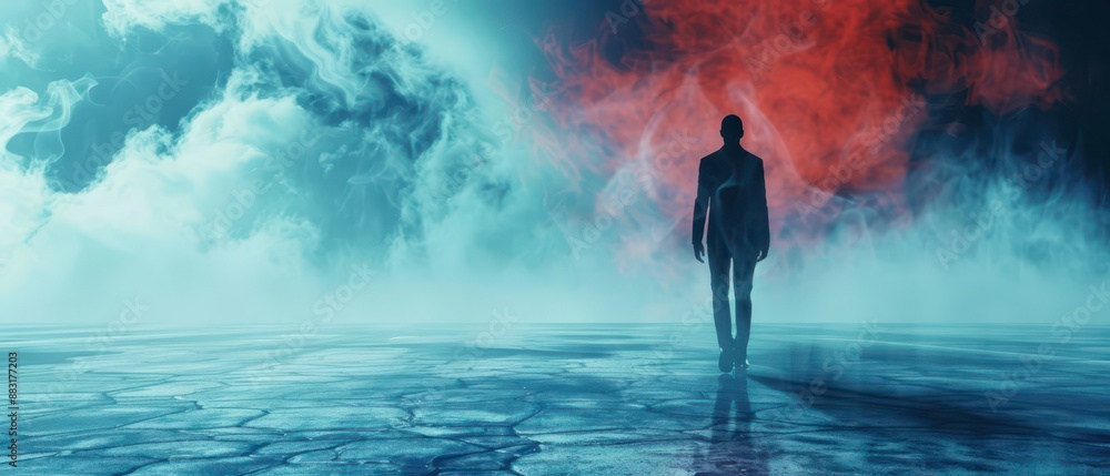 A Solitary Figure Walks Through Fog On A Mystical Landscape