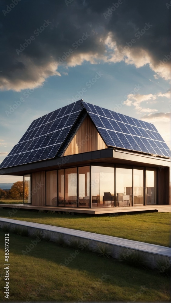 Rendering of a house with a roof covered with solar panels and sunlight penetrating through the clouds Rendering of a house with a roof covered with solar panels and sunlight penetrating through the clouds