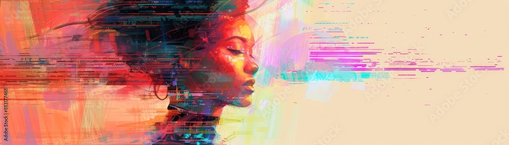 Fototapeta premium Artistic digital portrait of a woman with vibrant colors and abstract overlay, blending modern technology with traditional beauty.