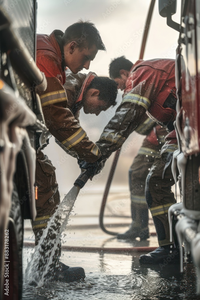 Firefighters Washing Down a Fire Truck After an Emergency Response Firefighters Washing Down a Fire Truck After an Emergency Response