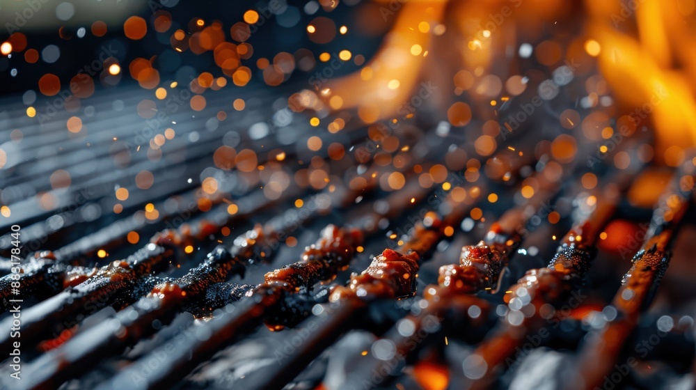 Fototapeta premium Close-up of a barbeque grill with sizzling embers. Sparks are flying, and flames add dramatic lighting, emphasizing the heat and cooking atmosphere.