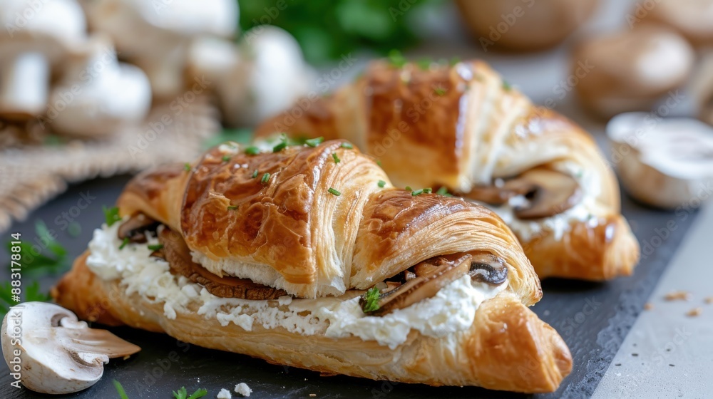 Delicious croissants stuffed with creamy cheese and fresh mushrooms, representing the finesse of gourmet baking and the indulgence of quality, homemade ingredients. Delicious croissants stuffed with creamy cheese and fresh mushrooms, representing the finesse of gourmet baking and the indulgence of quality, homemade ingredients.