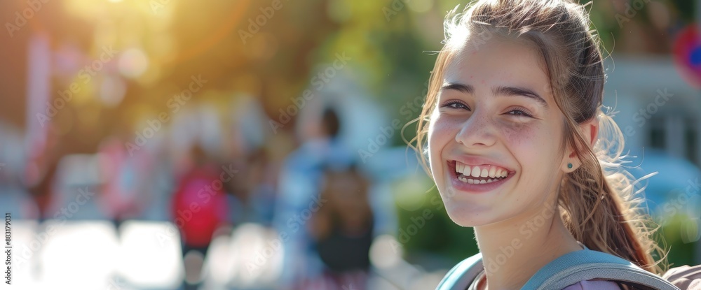 A happy teenage girl, excitedly going to school, her face beaming with enthusiasm A happy teenage girl, excitedly going to school, her face beaming with enthusiasm