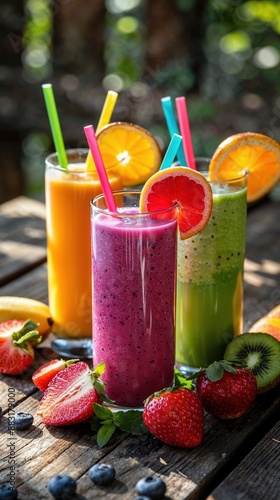 Colorful Fresh Smoothies with Fruits on Wooden Table Outdoors photo