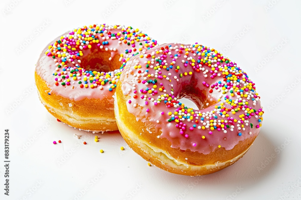 Pink frosted donut with colorful sprinkles isolated on white background Pink frosted donut with colorful sprinkles isolated on white background