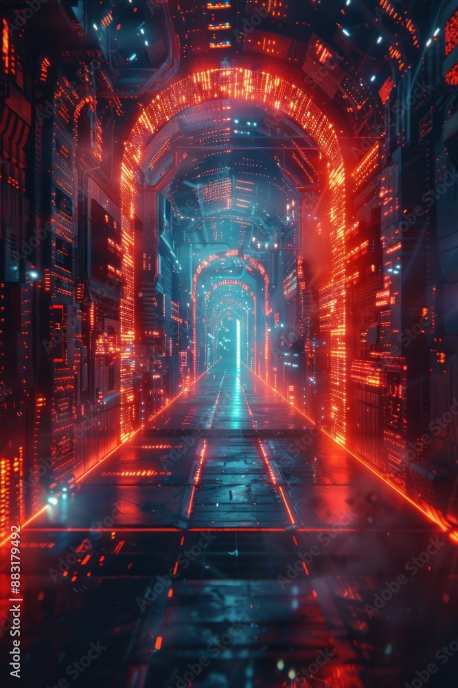 Obraz premium A glowing, neon-lit street in a futuristic city