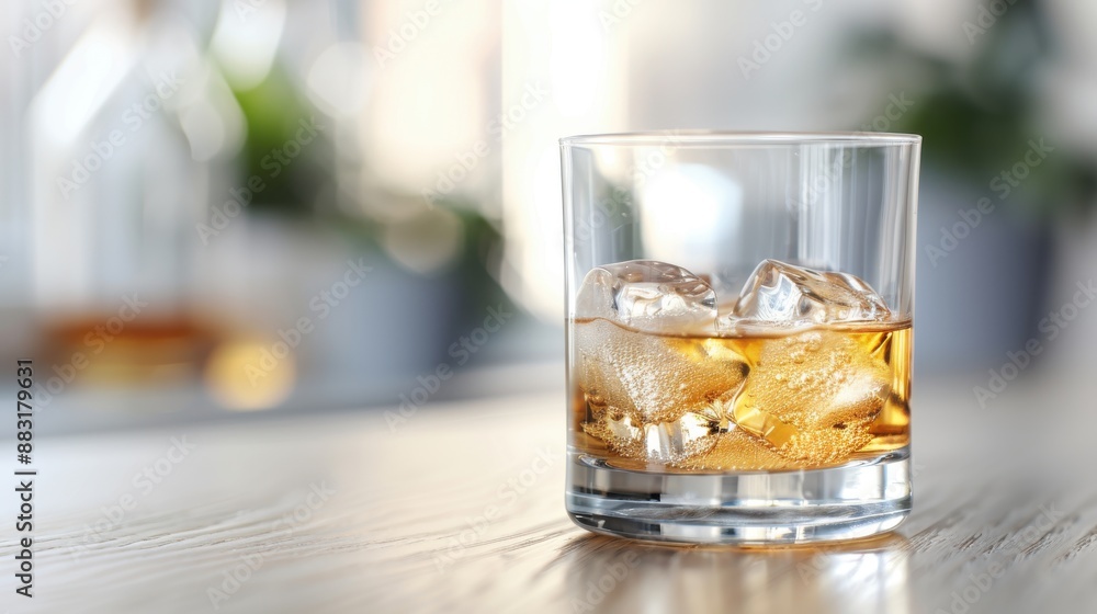 A detailed view of a glass filled with whiskey and ice cubes, placed on a wooden table, highlighting an evening moment of relaxation or celebration with a drink. A detailed view of a glass filled with whiskey and ice cubes, placed on a wooden table, highlighting an evening moment of relaxation or celebration with a drink.