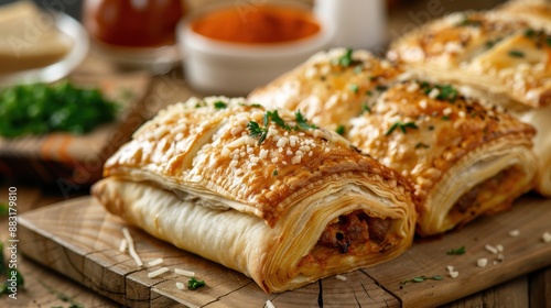 Close-up of meat-filled pastries garnished with fresh herbs, resting on a rustic wooden surface, perfectly capturing their crispy, flaky, and deliciously savory essence. photo