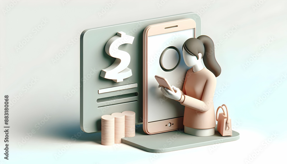 A 3D Flat Icon of Woman Using Mobile Banking for Utility Payments on White Background Concept for Convenient Mobile Transactions with Copy Space A 3D Flat Icon of Woman Using Mobile Banking for Utility Payments on White Background Concept for Convenient Mobile Transactions with Copy Space