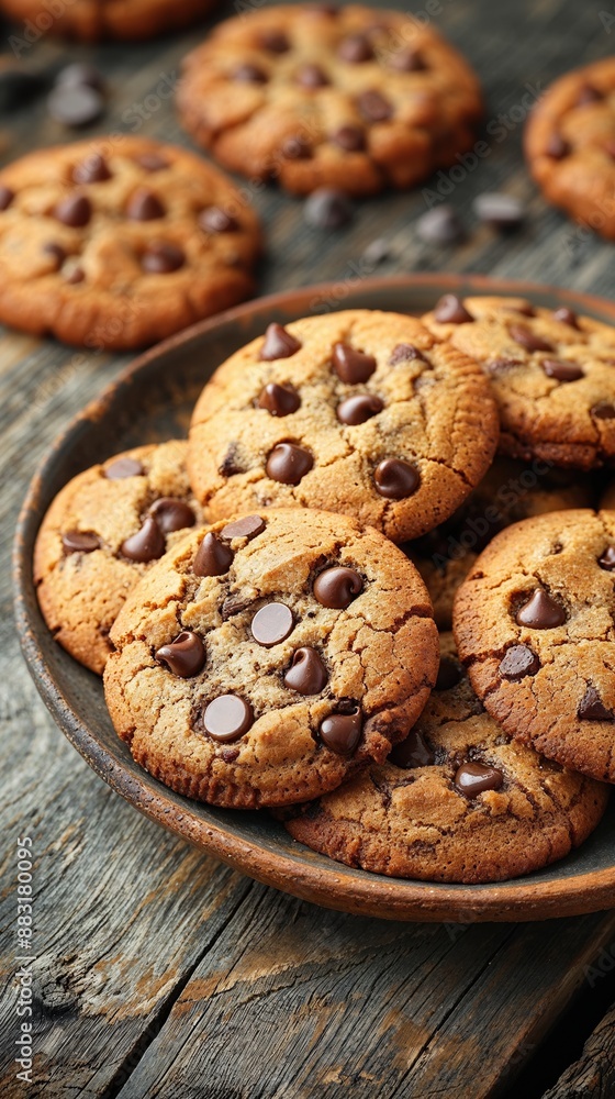 Freshly Baked Chocolate Chip Cookies On Rustic Wood Table Freshly Baked Chocolate Chip Cookies On Rustic Wood Table