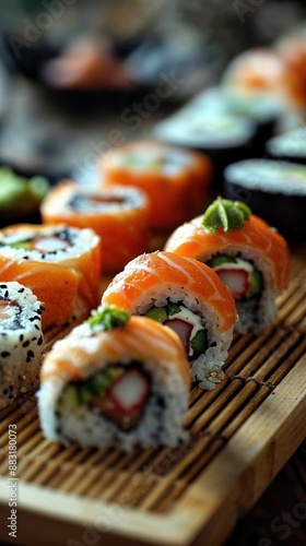 Close-Up of Assorted Fresh Sushi Rolls on Bamboo Mat