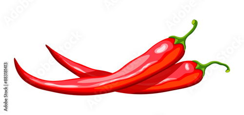 Chili peppers in cartoon style. Vector illustration of delicious red and hot chili peppers isolated on white background. Cooking. Healthy food. Logotype. Banner.
