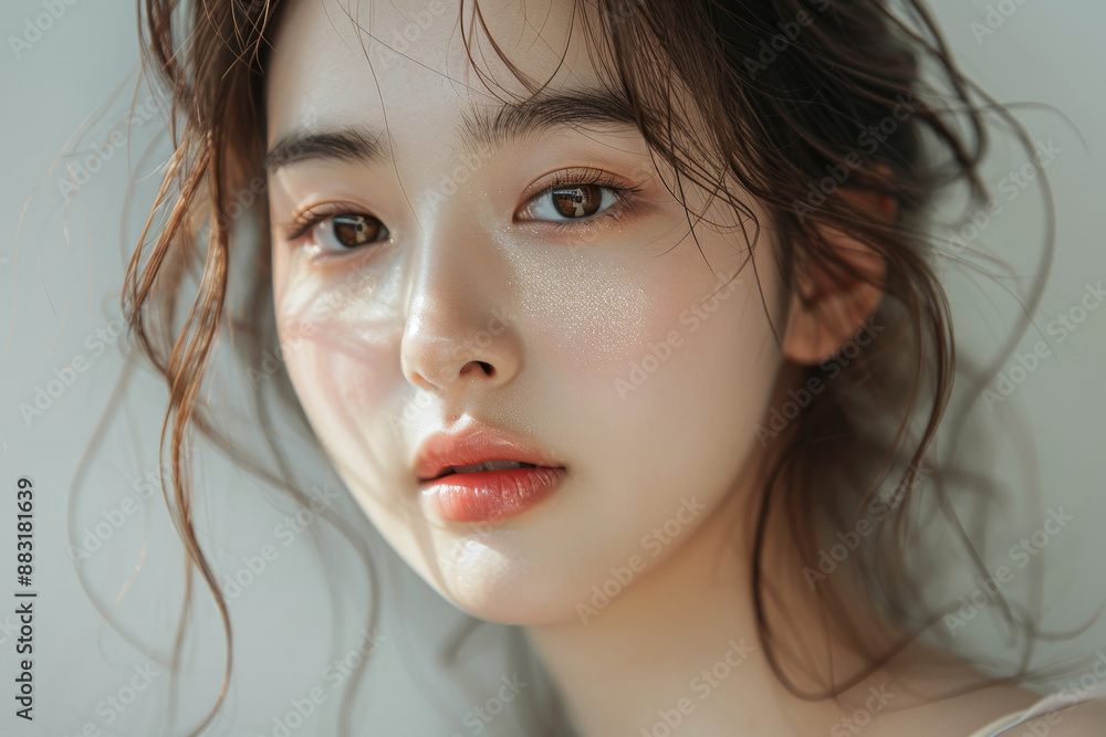 95 A trendy 20-year-old Korean model with radiant highlighter, solid background, studio lighting, 95 A trendy 20-year-old Korean model with radiant highlighter, solid background, studio lighting,
