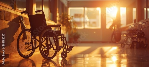 Close up of wheelchair in hospital, blurred background.