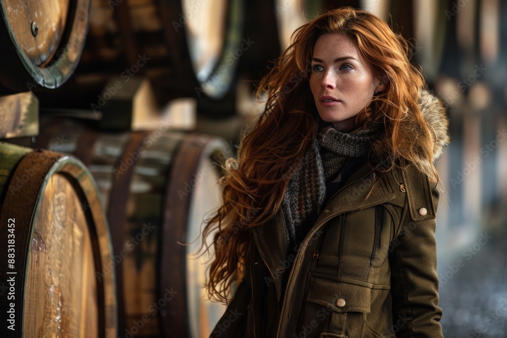 Fototapeta premium A young woman with long red hair looks to the left, standing near wooden barrels in a rustic warehouse