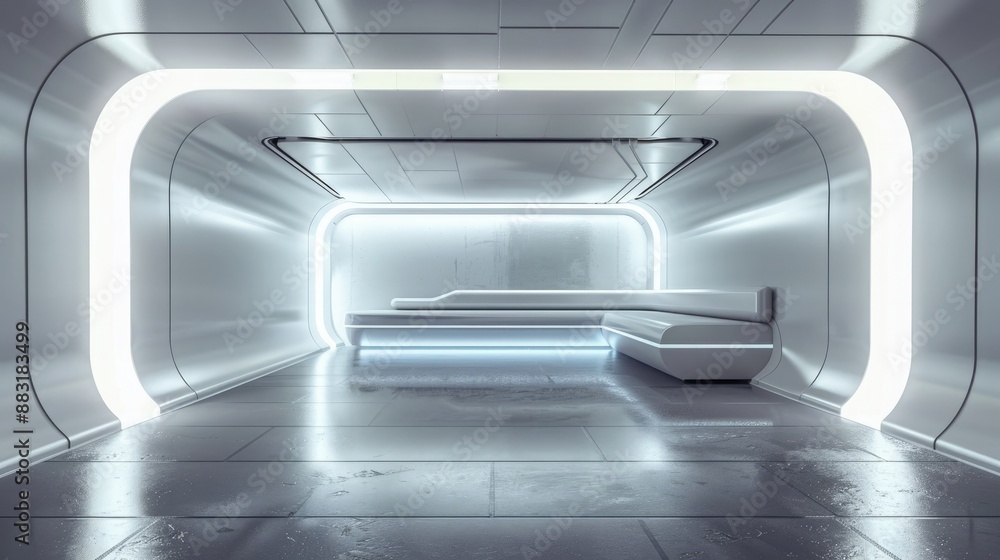 A 3D render of a blank booth system with a futuristic, high-tech design, featuring LED lights and sleek surfaces. A 3D render of a blank booth system with a futuristic, high-tech design, featuring LED lights and sleek surfaces.