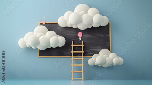 3D Flat Icon: Blackboard with Idea Bubble, Ladder Concept | Creative Thinking and Business Opportunities | Isolated on White Background