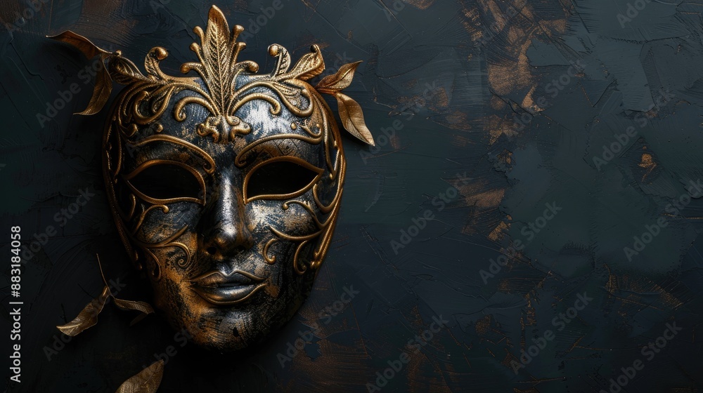 Theatrical mask on dark backdrop with space for text Theatrical mask on dark backdrop with space for text