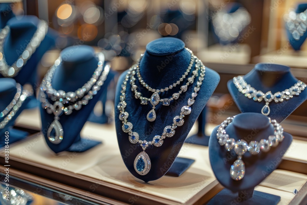 Close-up of four glamorous diamond and sapphire necklaces on blue velvet stands, highlighting their detailed designs and sparkle Close-up of four glamorous diamond and sapphire necklaces on blue velvet stands, highlighting their detailed designs and sparkle
