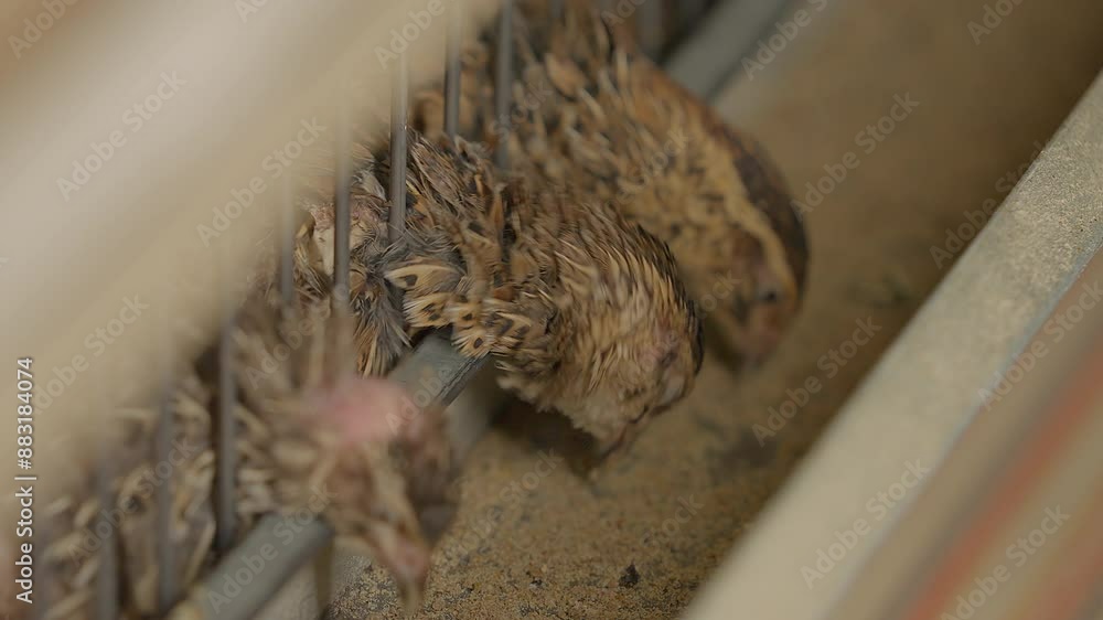 Little farmed birds eats animal feed at the poultry plant. Farm quail birds poking heads out of the metal cages to eat grain. Farm birds eats fodder outside the enclosure. Agriculture. Little farmed birds eats animal feed at the poultry plant. Farm quail birds poking heads out of the metal cages to eat grain. Farm birds eats fodder outside the enclosure. Agriculture.