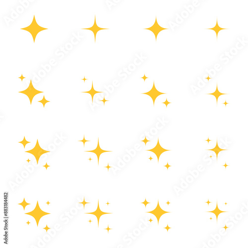 Yellow, gold, orange sparkles symbols vector. The set of original vector stars sparkle icon. Bright firework, decoration twinkle, shiny flash. Glowing light effect stars and bursts collection. Vector