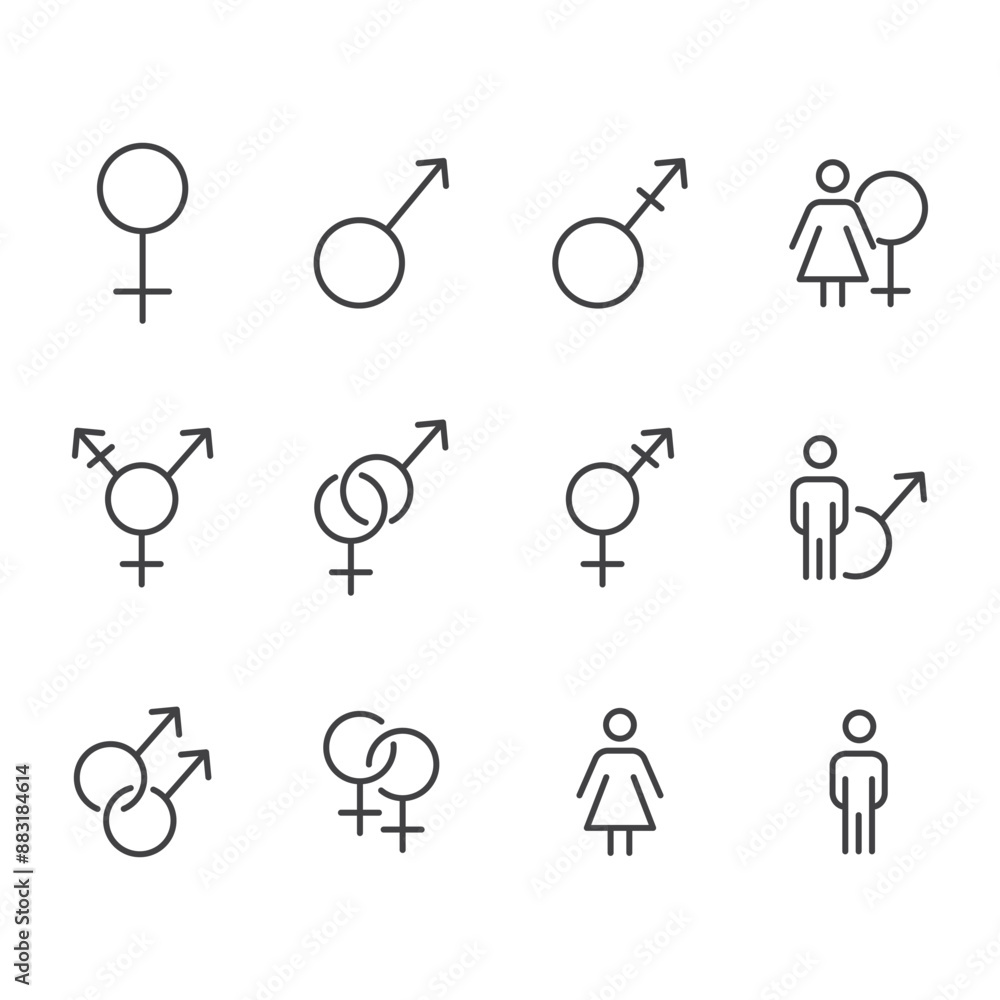 Simple Set of Gender Related Vector Line Icons. Contains such Icons as Public Restroom Sign, Different gender user avatar, Relationship and more Simple Set of Gender Related Vector Line Icons. Contains such Icons as Public Restroom Sign, Different gender user avatar, Relationship and more