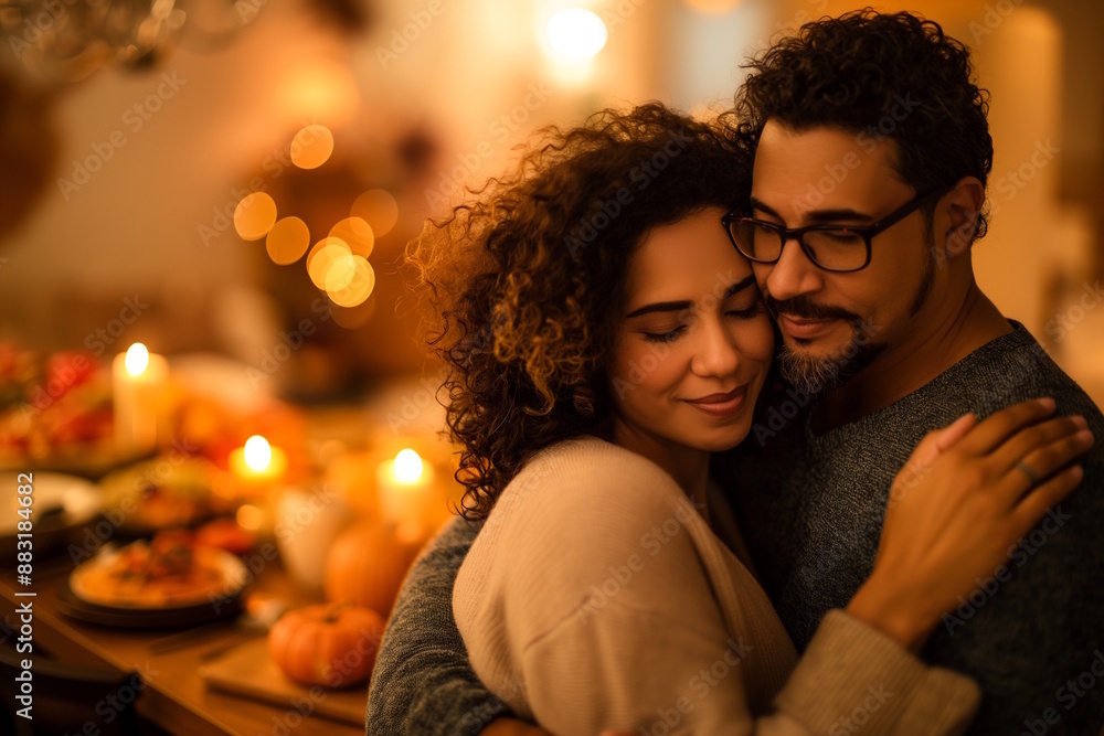 Couple smiling and hugging warmly with festive decorations, concept of Thanksgiving Day Couple smiling and hugging warmly with festive decorations, concept of Thanksgiving Day