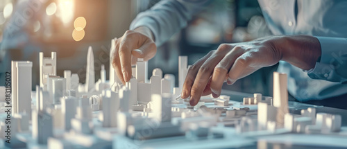 Wallpaper Mural Close-up of hands meticulously arranging a scale model of a modern city, showcasing attention to detail and futuristic urban planning amid soft lighting. Torontodigital.ca