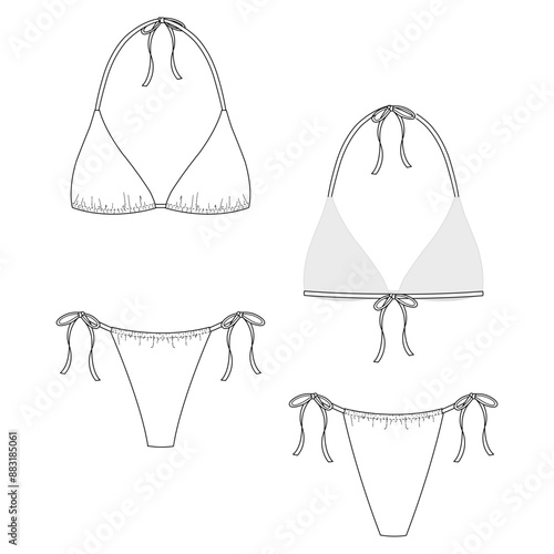 Triangle bikini illustration / Swimwear flat sketch / Bikini template for fashion design 