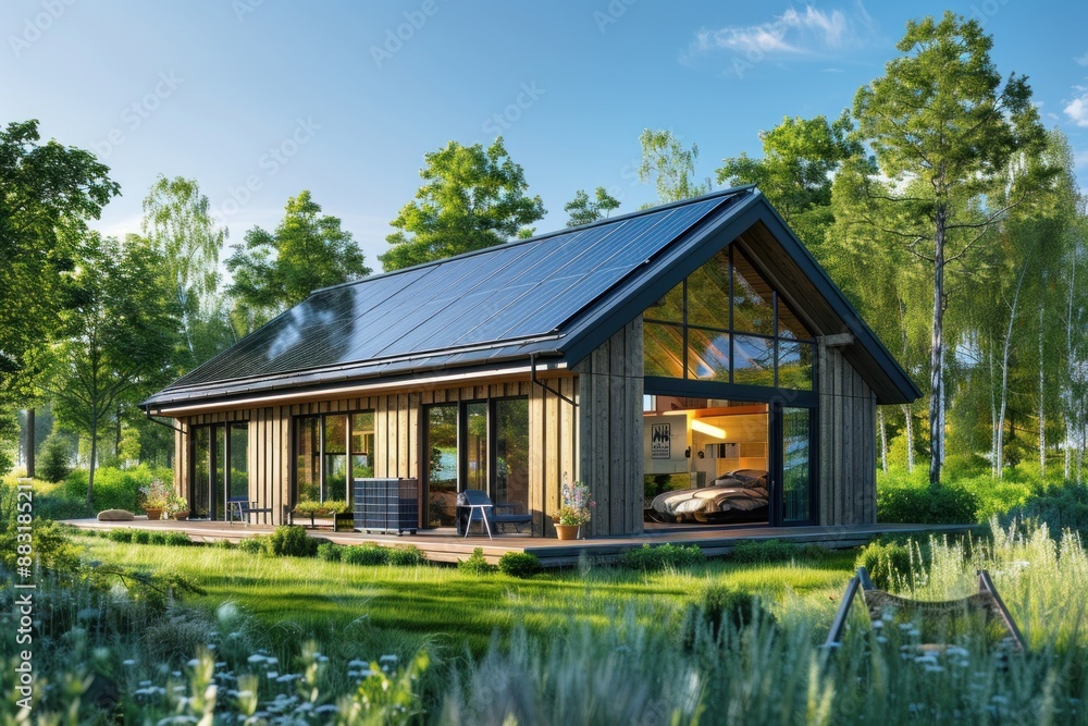 A modern wood cabin with solar panels on the roof, set in a wooded area, with a large deck and green grass A modern wood cabin with solar panels on the roof, set in a wooded area, with a large deck and green grass